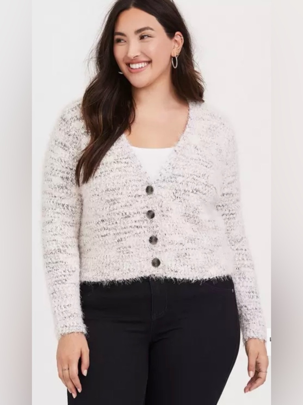 Torrid Cozy Fuzzy V-Neck Button Front Cardigan - Cream Heather
